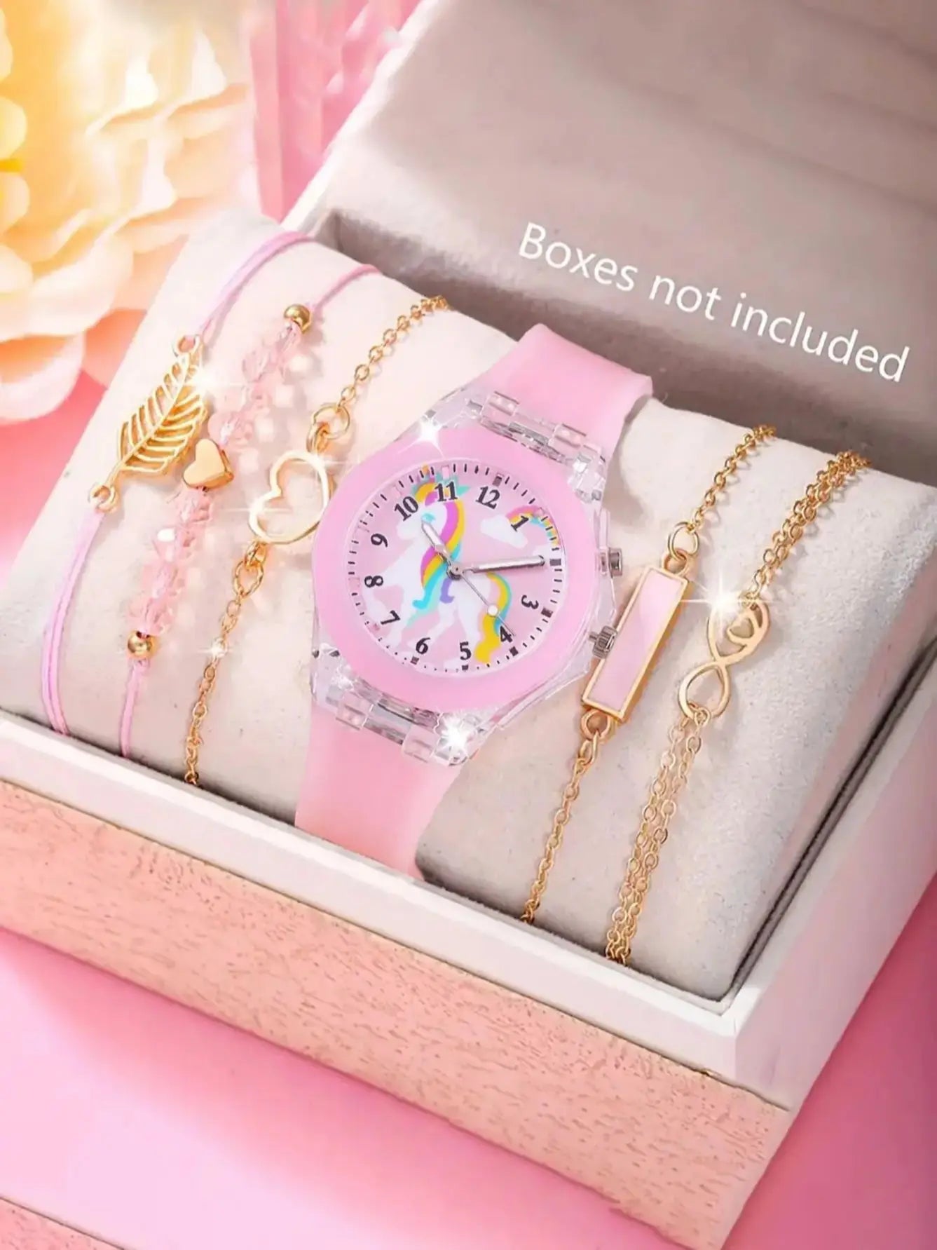 Unicorn Children's Watch Set — Light-Emitting Quartz Watch & Feather Bracelet