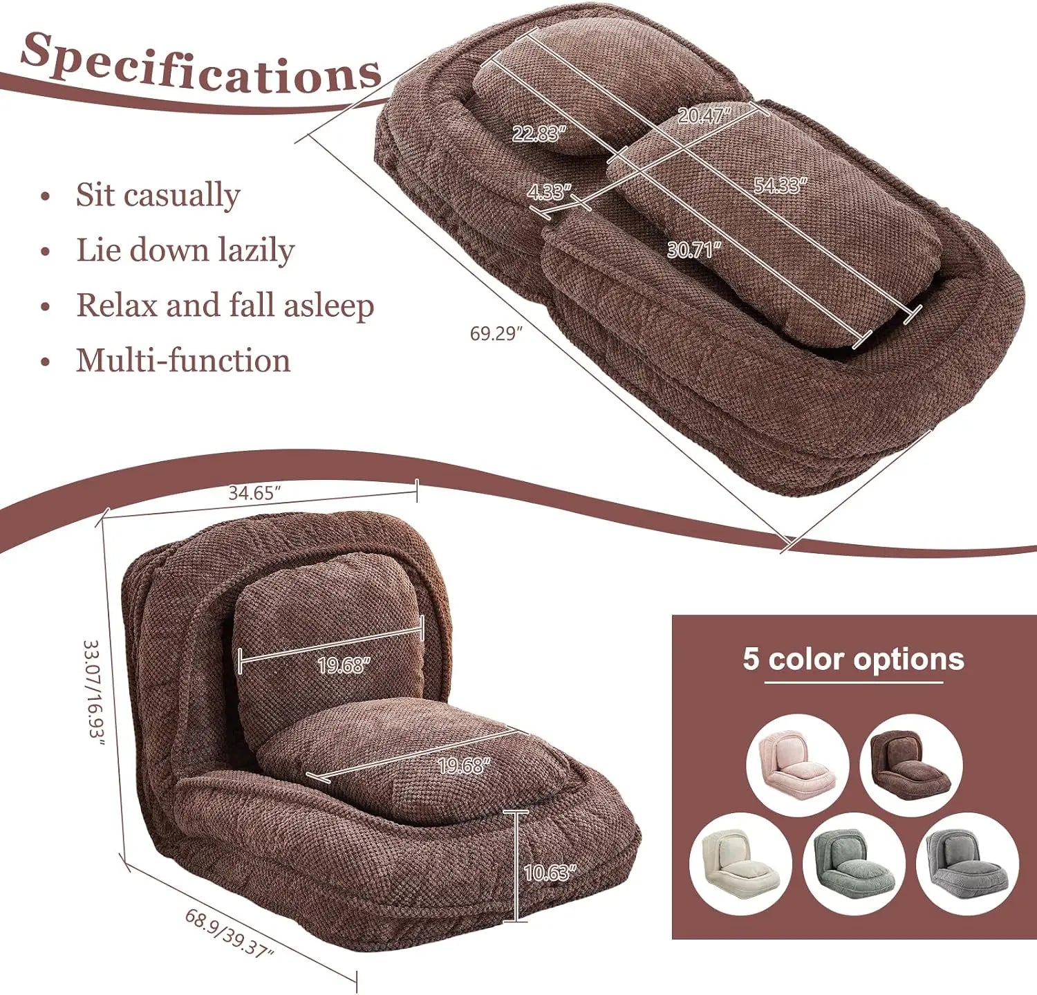 Adjustable Plush Floor Chair — 5-Position Reclining Lazy Sofa Bed