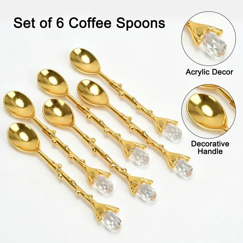 Luxury Gold Coffee Spoon Set — 6 Piece Espresso Stirring Spoons with Decorative Holder