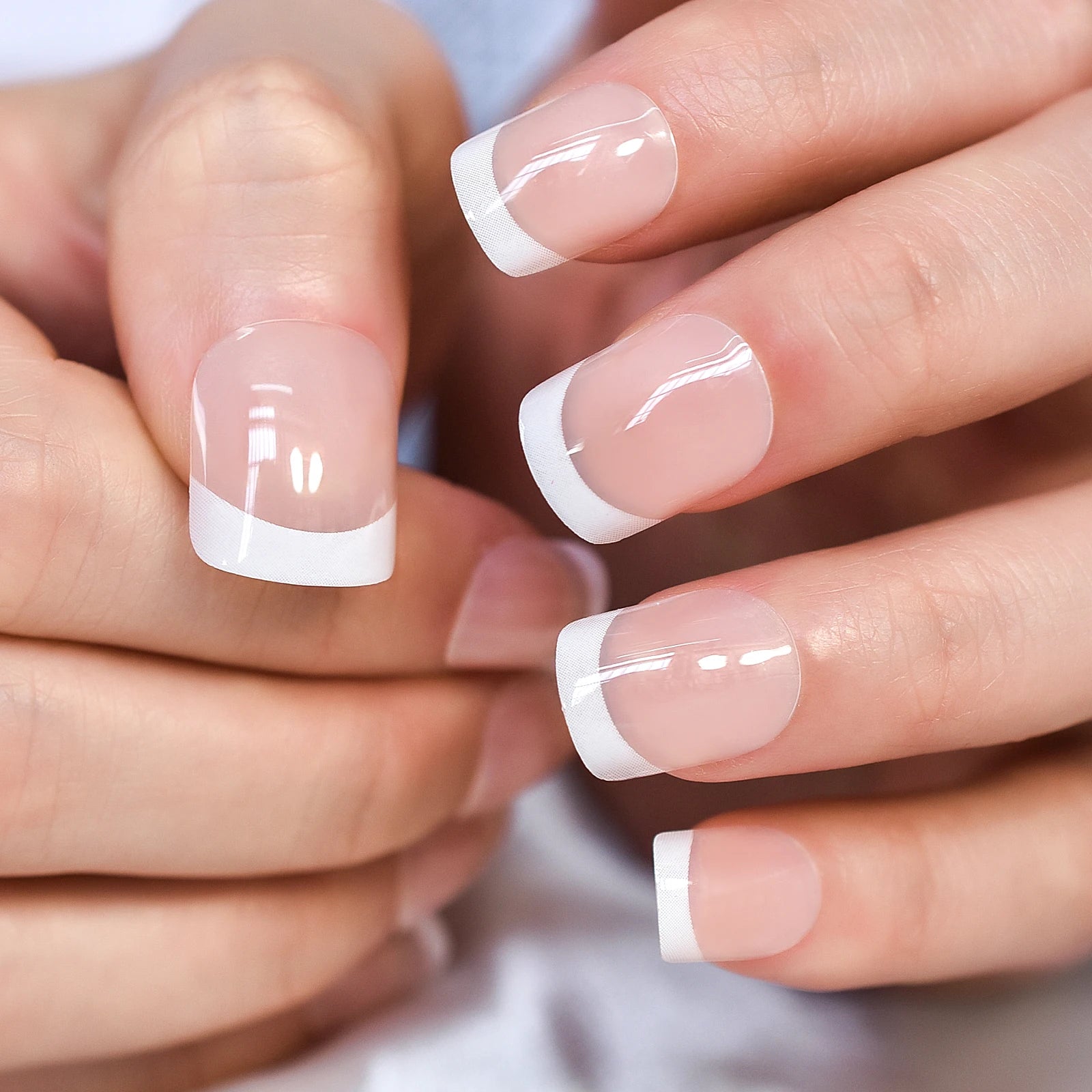 French Style Press On Nails — Glossy Nude White Tip Manicure Set