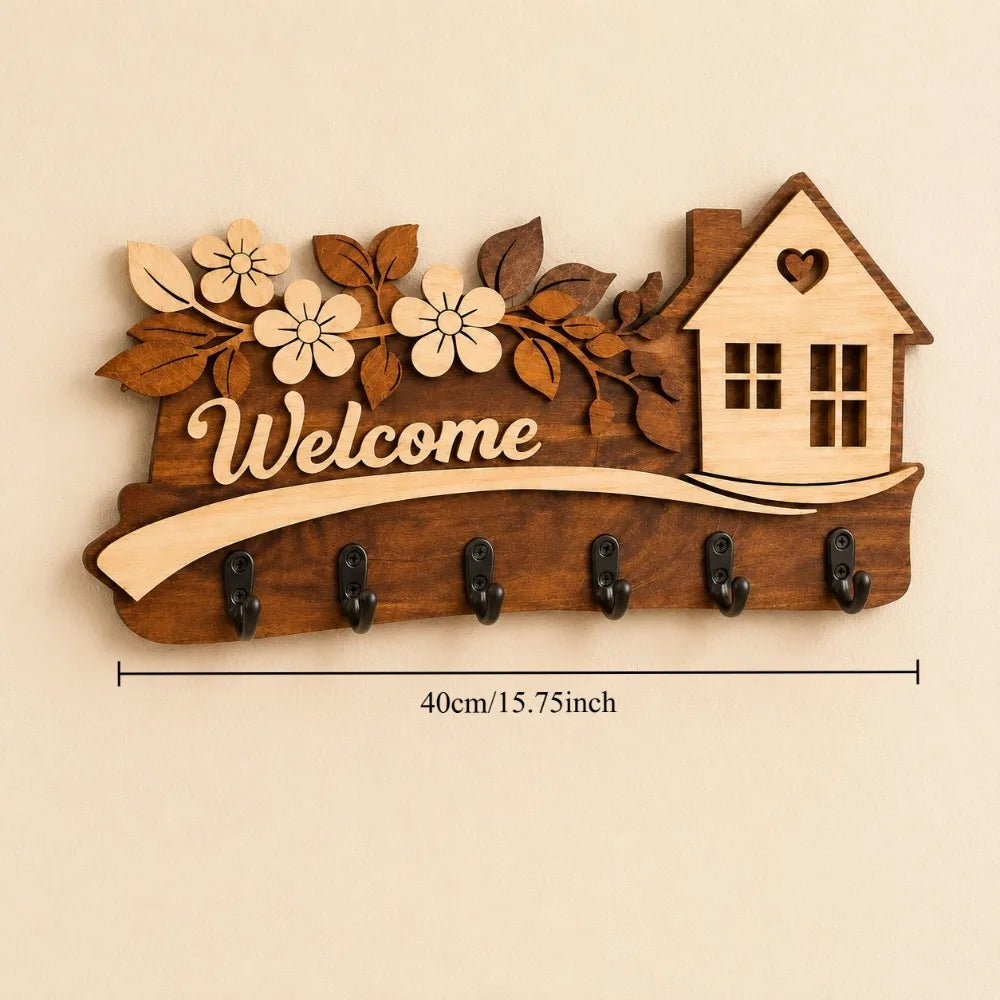 Farmhouse Wall-Mounted Key Holder — Multi-Tier Wood Organizer with Welcome Sign