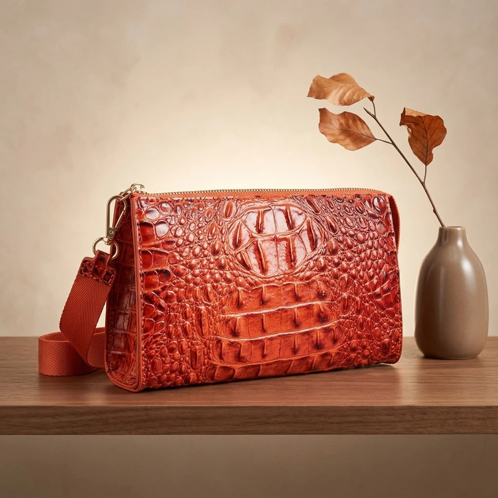 Crocodile Embossed Crossbody Wristlet — Versatile Clutch Bag with Adjustable Strap
