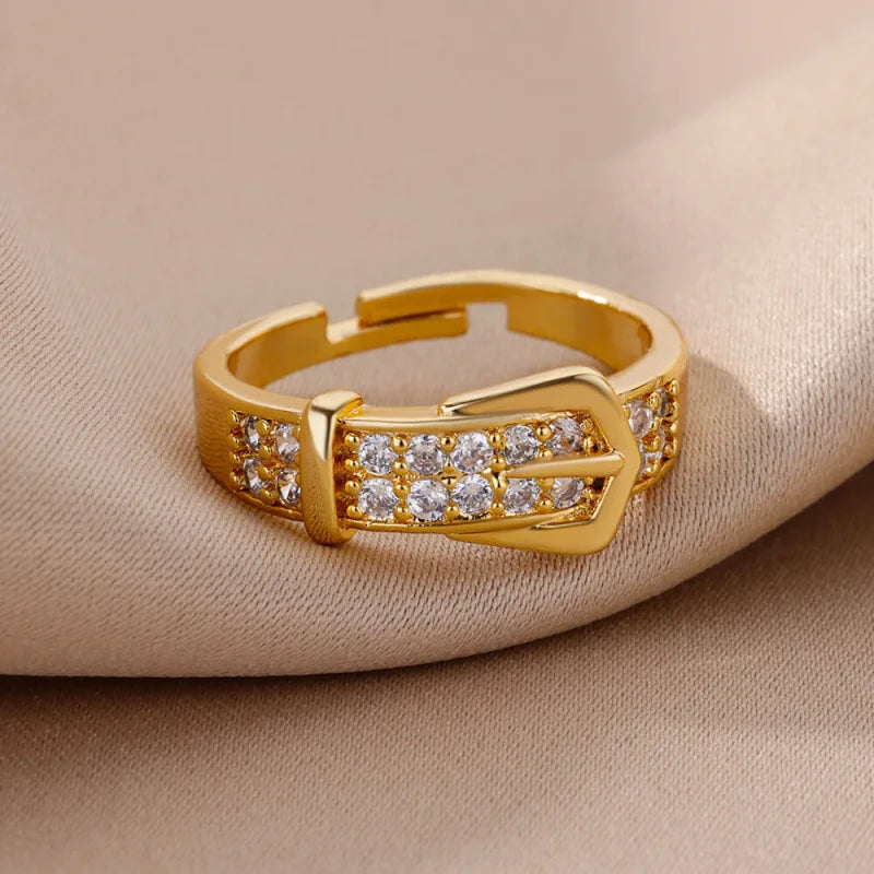 Obega Gold Buckle Ring — Sparkling Zircon Adjustable Fashion Jewelry