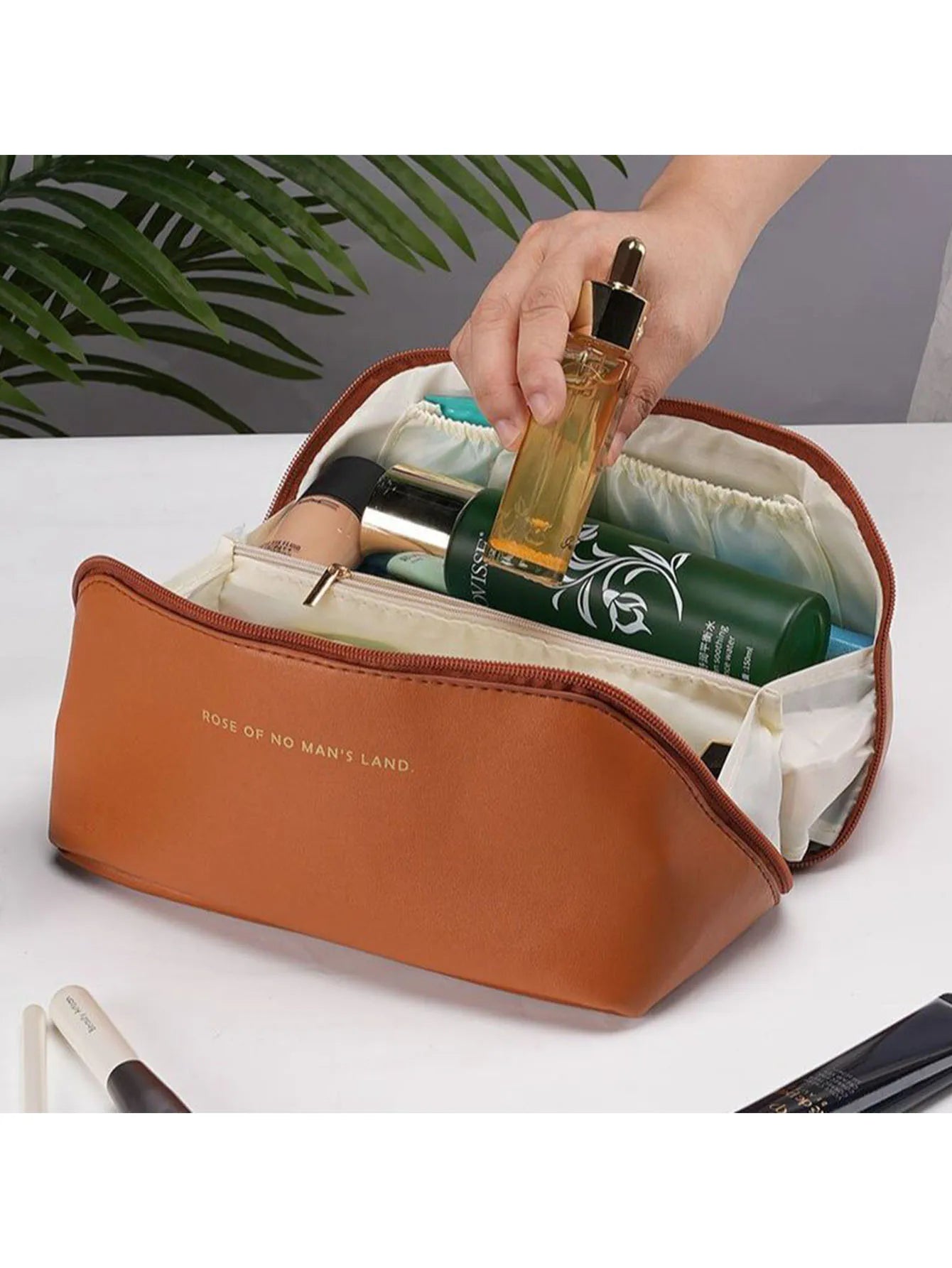 YHYEH Large Leather Cosmetic Bag — Elegant Makeup & Toiletry Organizer