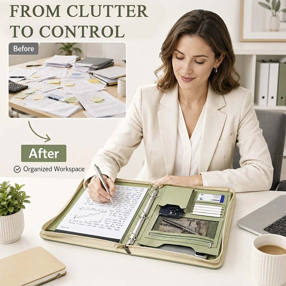 Embossed Faux Leather Padfolio — A4 Zipper Binder with Multi-Pocket Organization