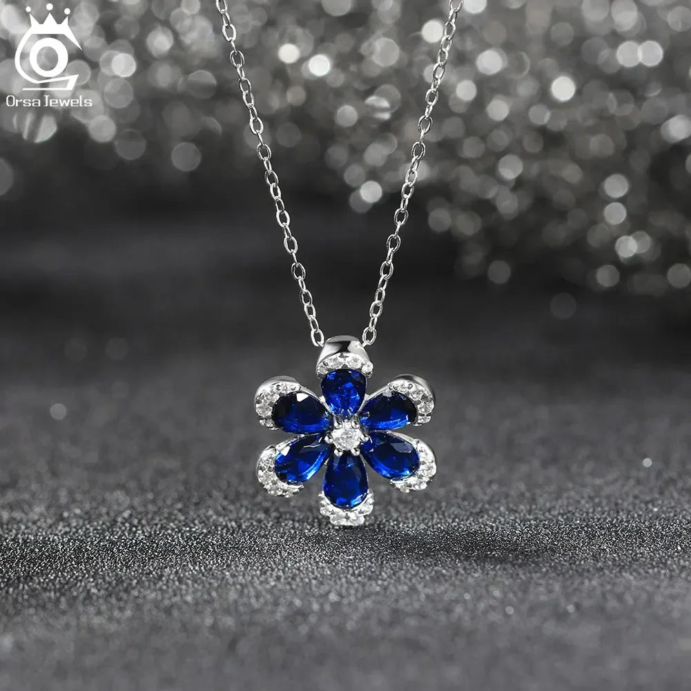 ORSA JEWELS Blue Sapphire Flower Jewelry Set — 925 Sterling Silver & Cubic Zirconia