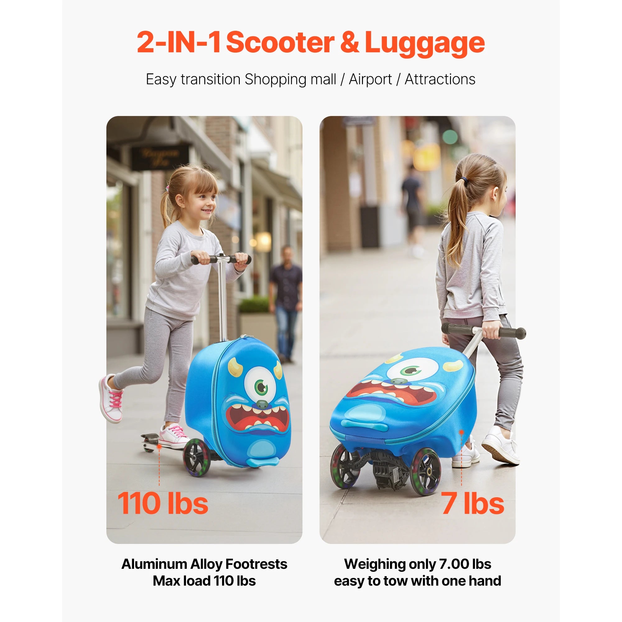 SucceBuy Kids Ride-On Luggage — 20L Scooter Suitcase with Flash Wheels