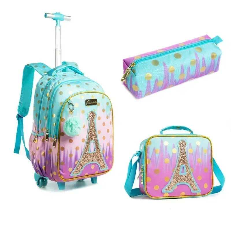 Children's Rolling Backpack Set — Wheeled School Bag with Lunch Bag & Pencil Case
