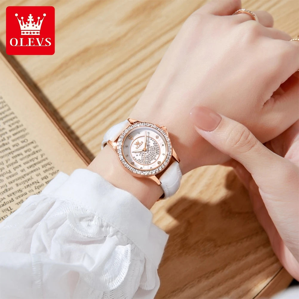 OLEVS Women's Luxury Quartz Watch — Diamond Accents & Leather Strap