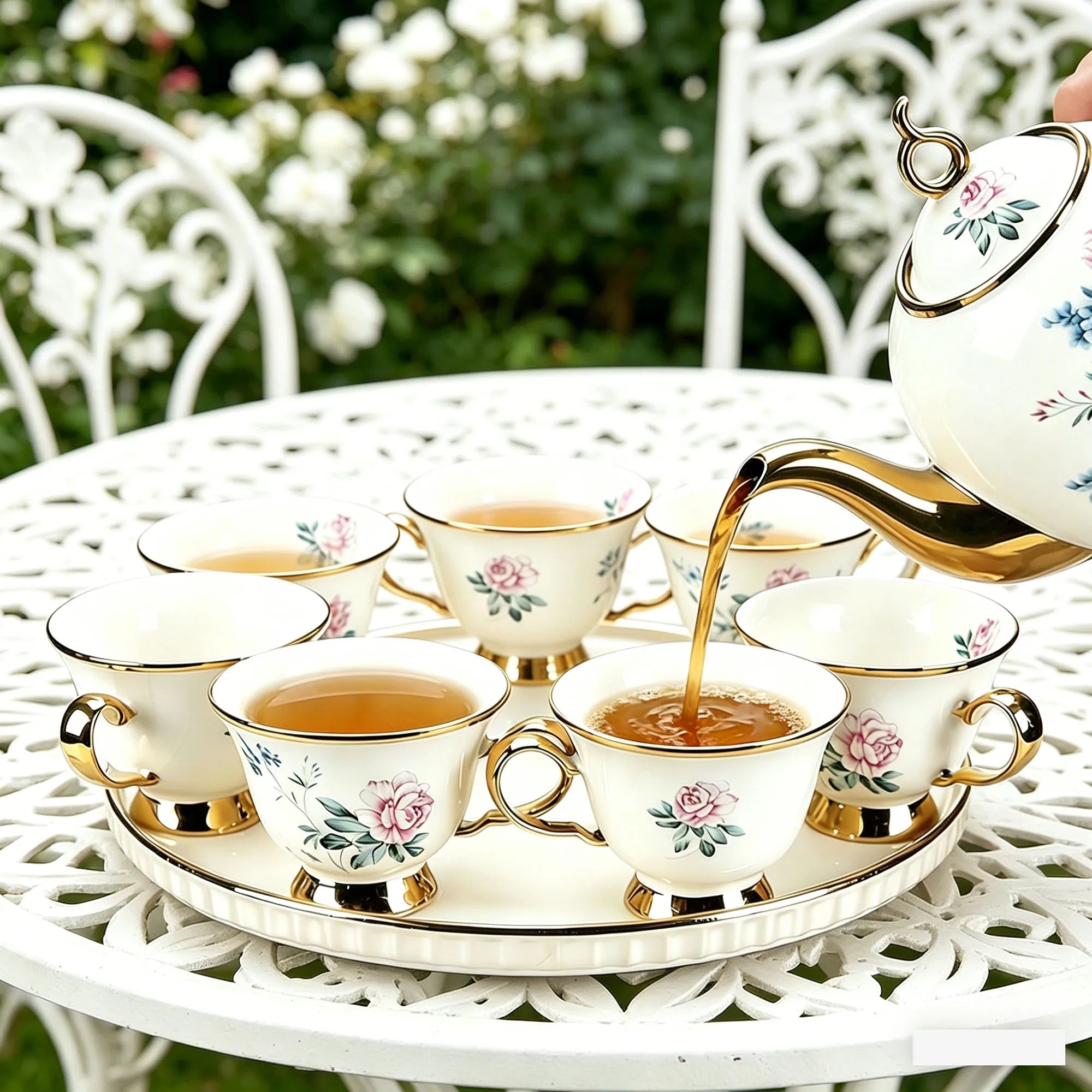 Vintage Floral Porcelain Tea Set — 8-Piece Ceramic Set with Gold Trim