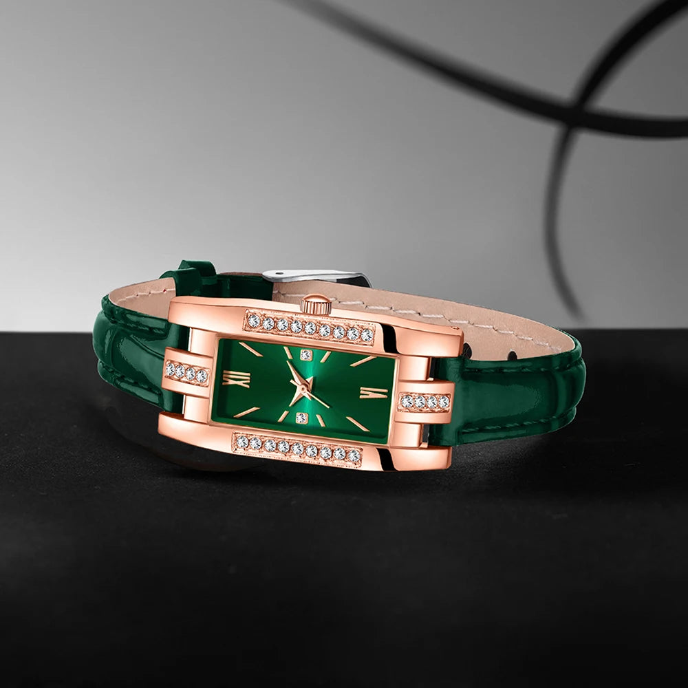 RUNERR Women's Luxury Diamond Quartz Watch — Elegant Green Dial Fashion Set