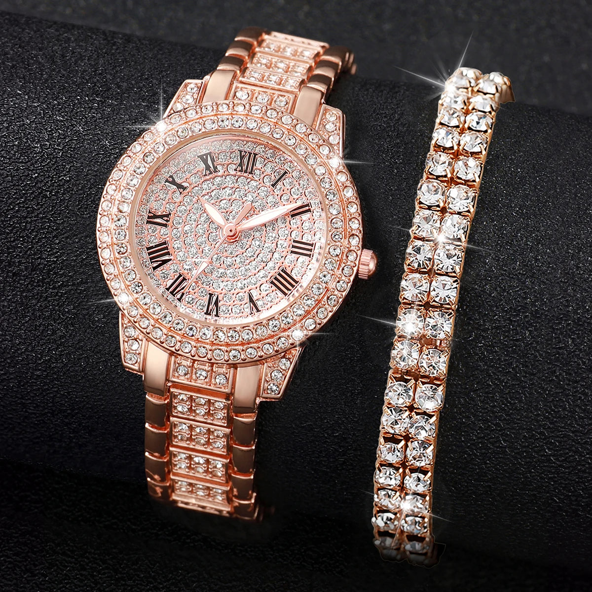 Women's Diamond Accented Watch & Bracelet Set — Elegant Quartz Jewelry Duo