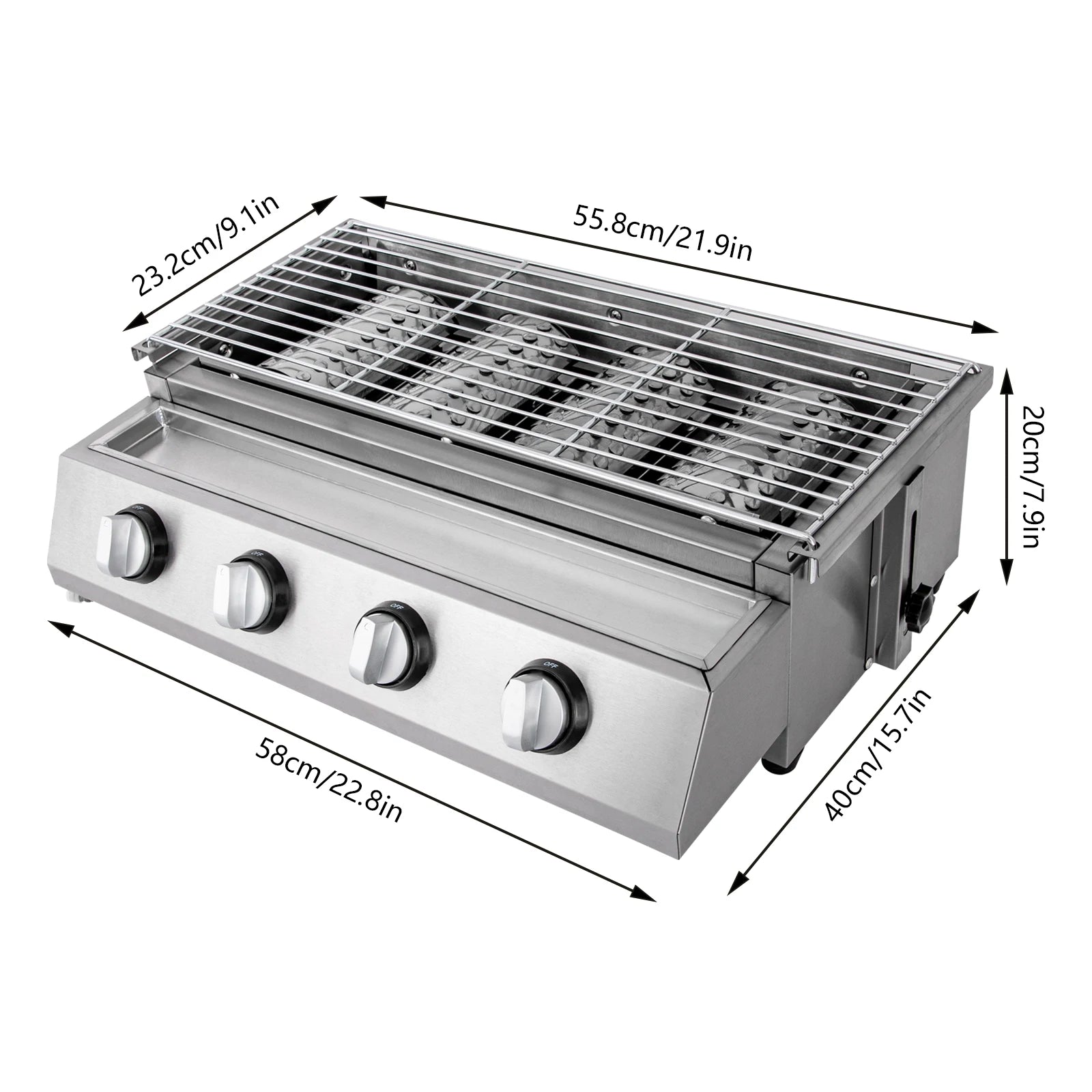 Professional 4-Burner Stainless Steel Gas Grill — Portable Smokeless Tabletop BBQ
