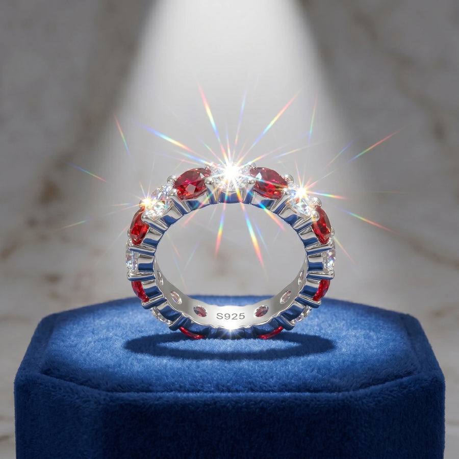 Moissanite and Lab Ruby Cocktail Ring — 925 Sterling Silver Pave Setting