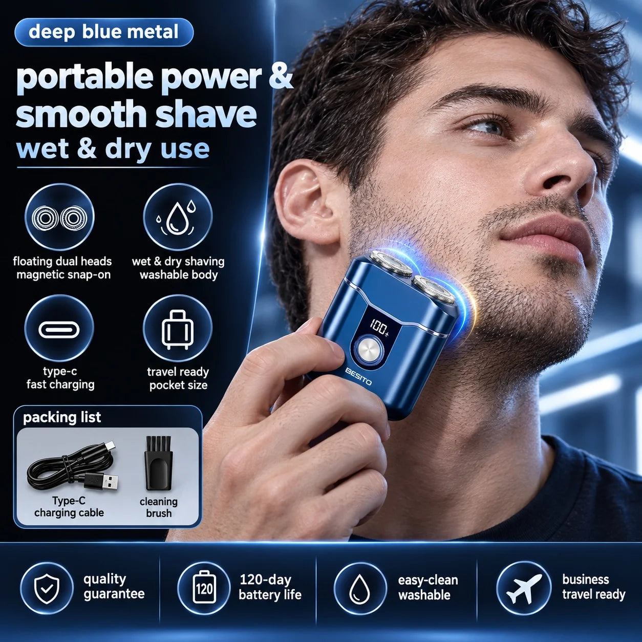 BESITO Men's Electric Portable Shaver — Double Headed 3D Rechargeable Razor