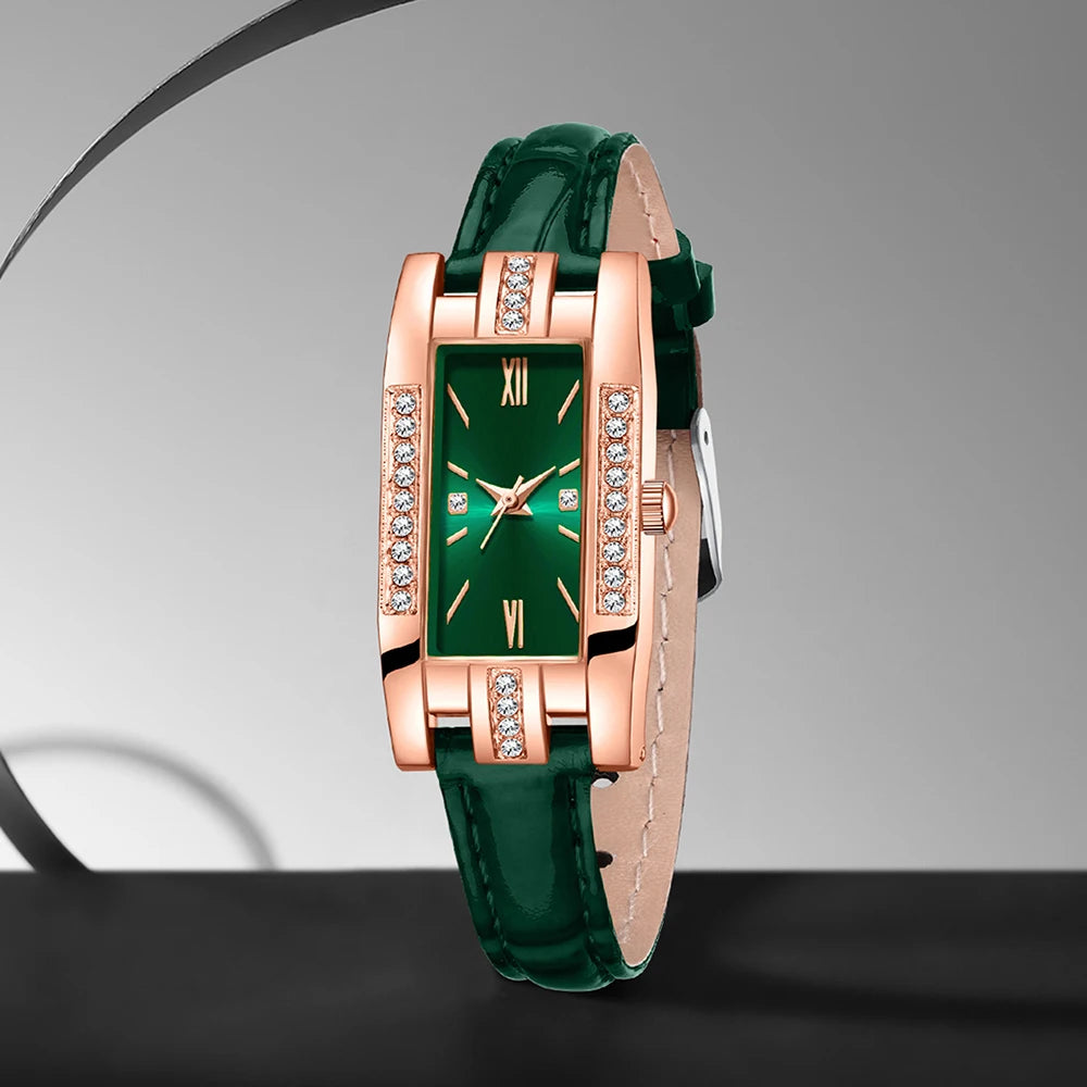 RUNERR Women's Luxury Diamond Quartz Watch — Elegant Green Dial Fashion Set