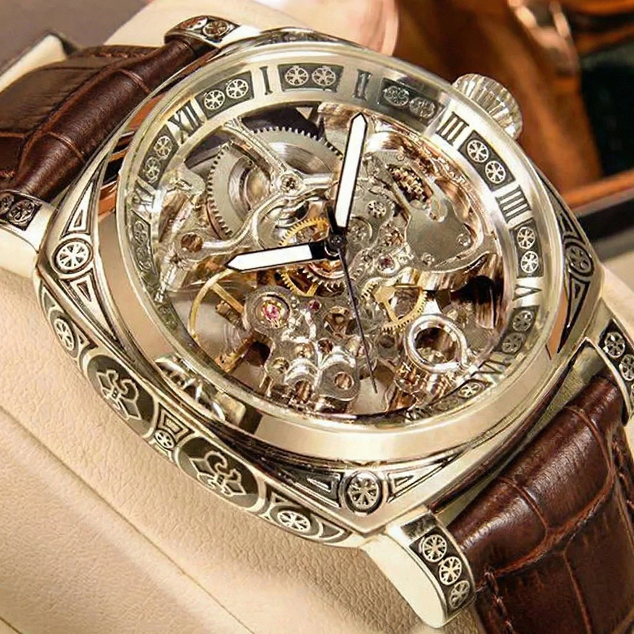 MEIRUIQI Men's Automatic Tourbillon Watch — Luminous Carved Mechanical Timepiece