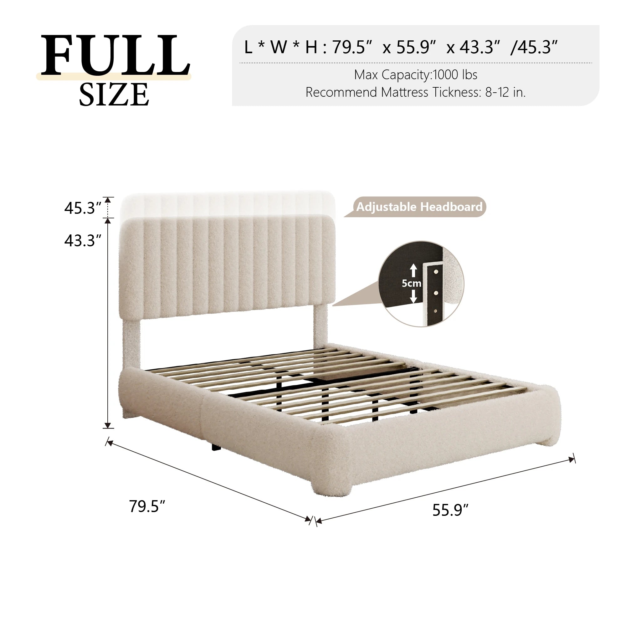 Sismplly Upholstered Boucle Bed Frame — Adjustable Headboard & Noise-Free Design