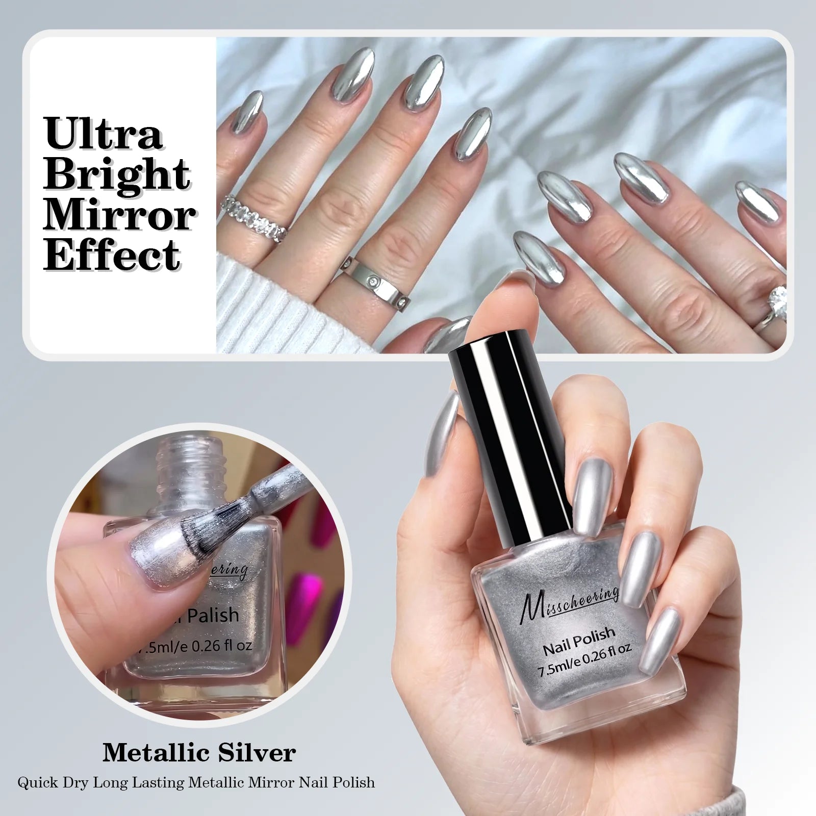 Misscheering Metallic Silver Nail Polish — High Gloss Mirror Effect Varnish