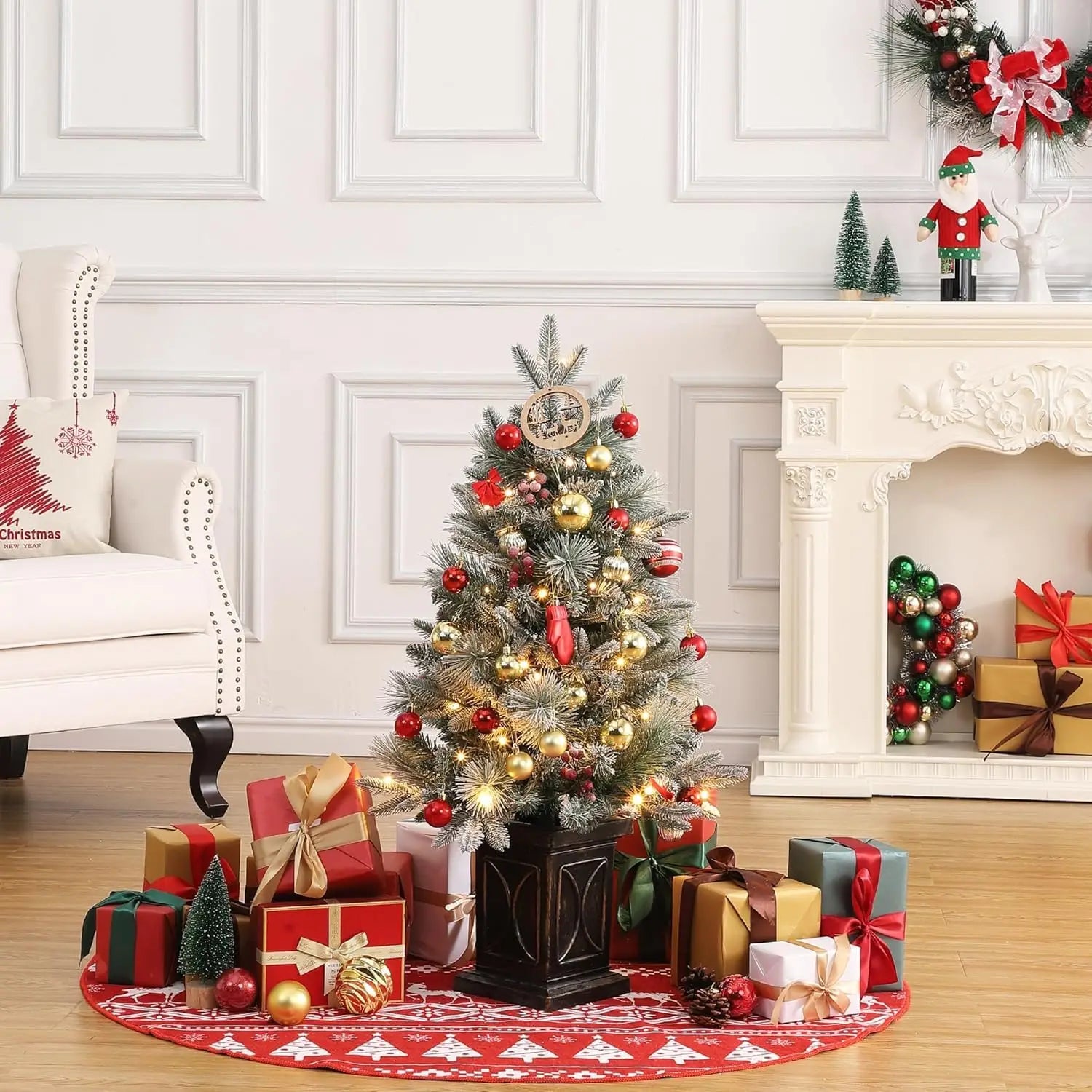 GAOMON 3ft Pre-Lit Snow Flocked Christmas Tree — Mini Tabletop Holiday Decor