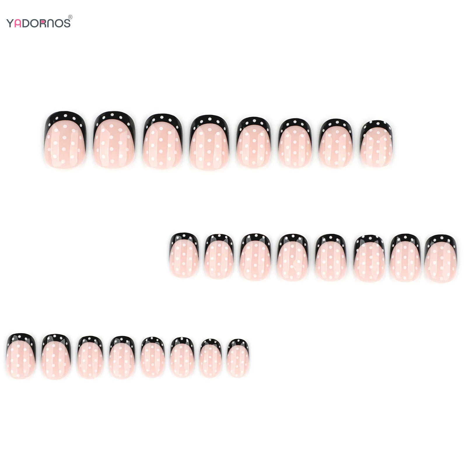 YADORNOS Black French Press On Nails — Polka Dot Short Round False Nails