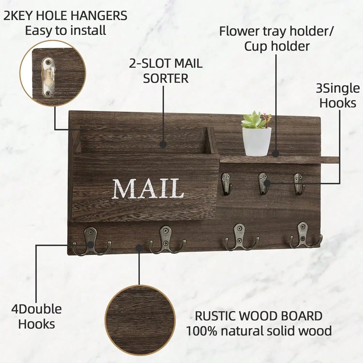 Wall Mount Key Holder & Mail Organizer — Multi-Function Entryway Shelf