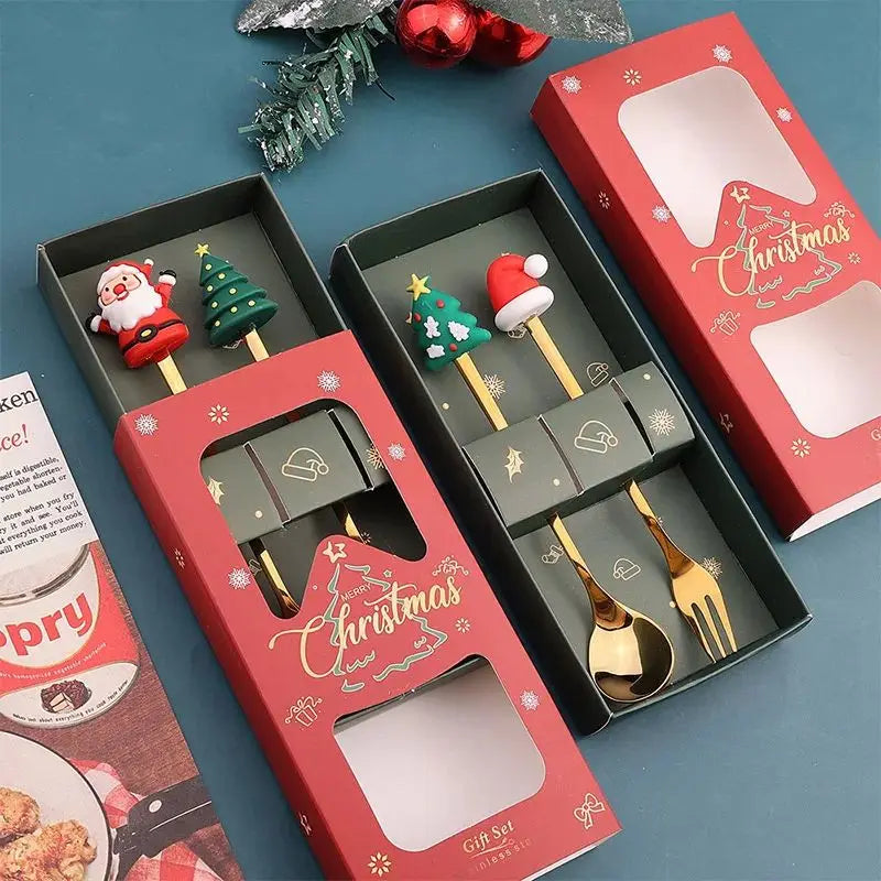 Christmas Themed Stainless Steel Cutlery Set — Decorative Santa Spoon and Fork