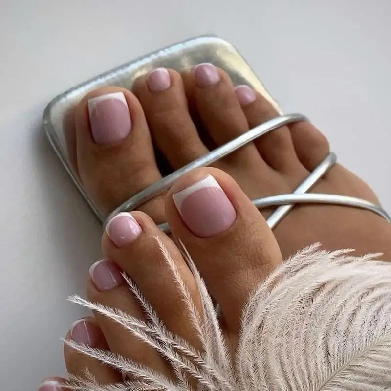 BMPEIC Nude Pink Press On Toenails — Glossy French Tip Square Design