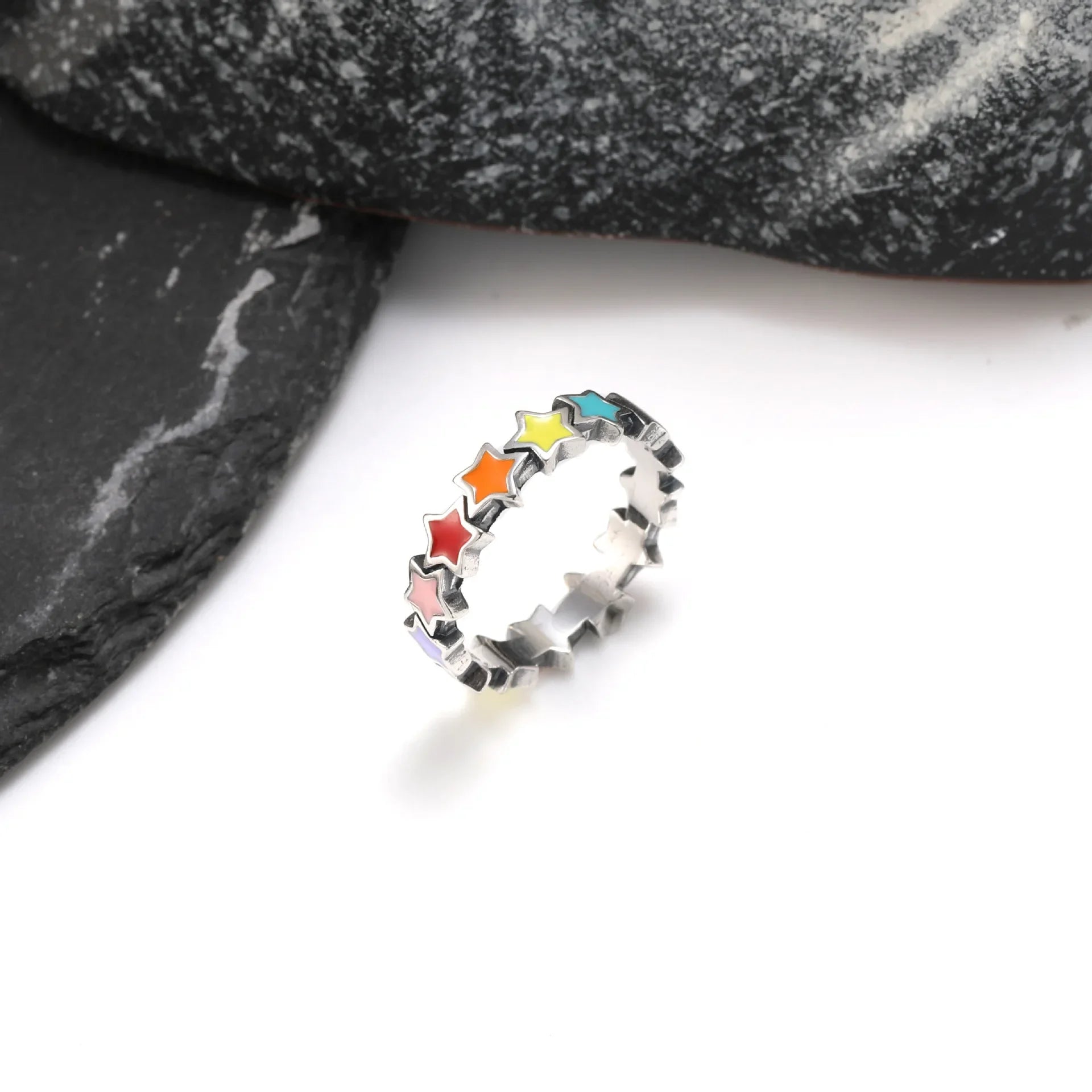 Sterling Silver Rainbow Star Ring — Vibrant Enamel Statement Band