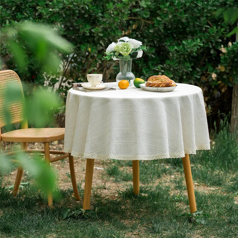 Linen Cotton Round Tablecloth — Vintage Ruffle Dining Table Cover