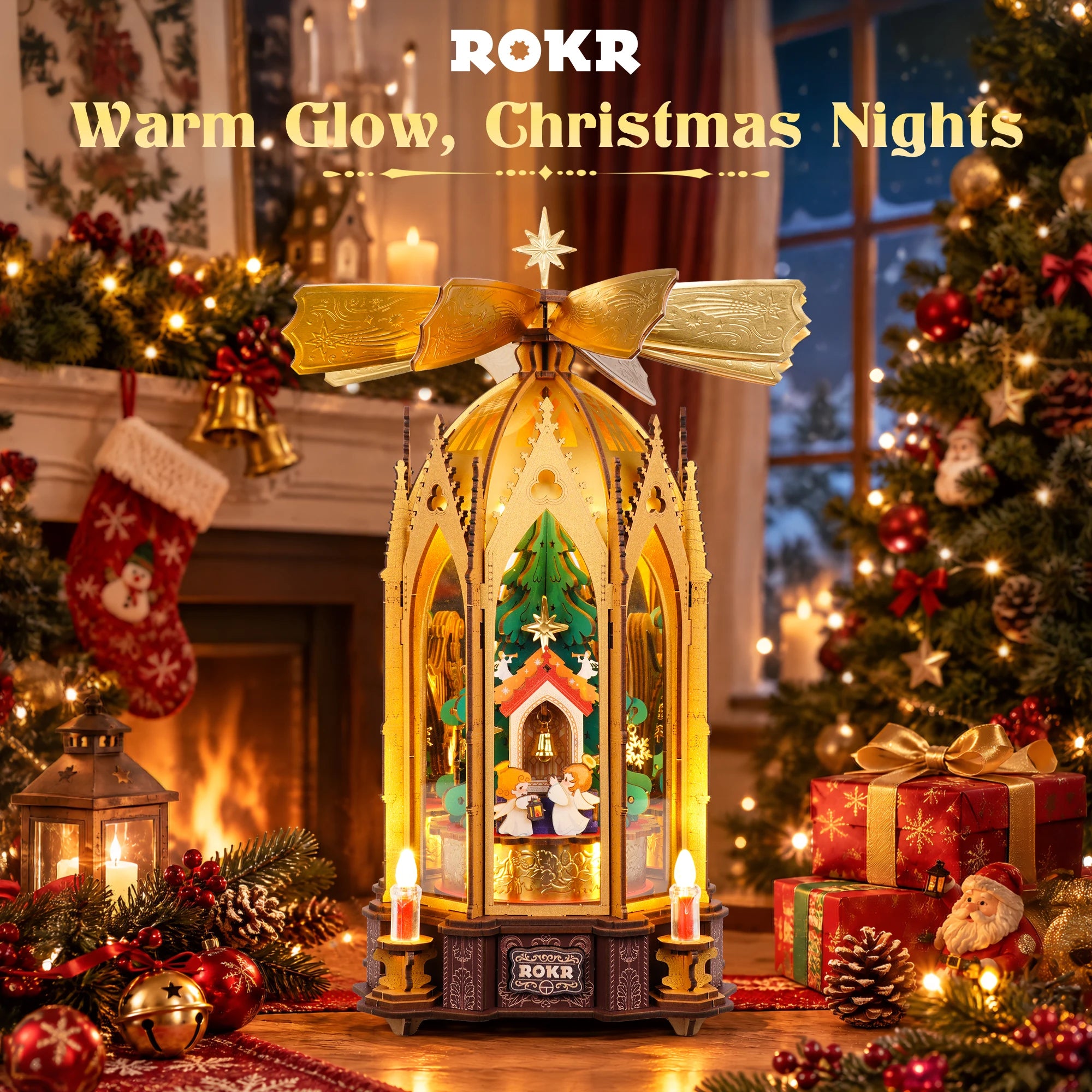 ROKR Angel's Christmas Pyramid — 3D Wooden Music Box with LED Light