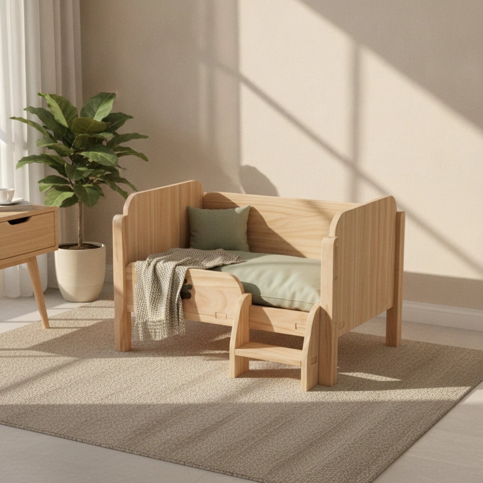 Elevated Wooden Pet Bed — Cozy Raised Cat Sofa with Step