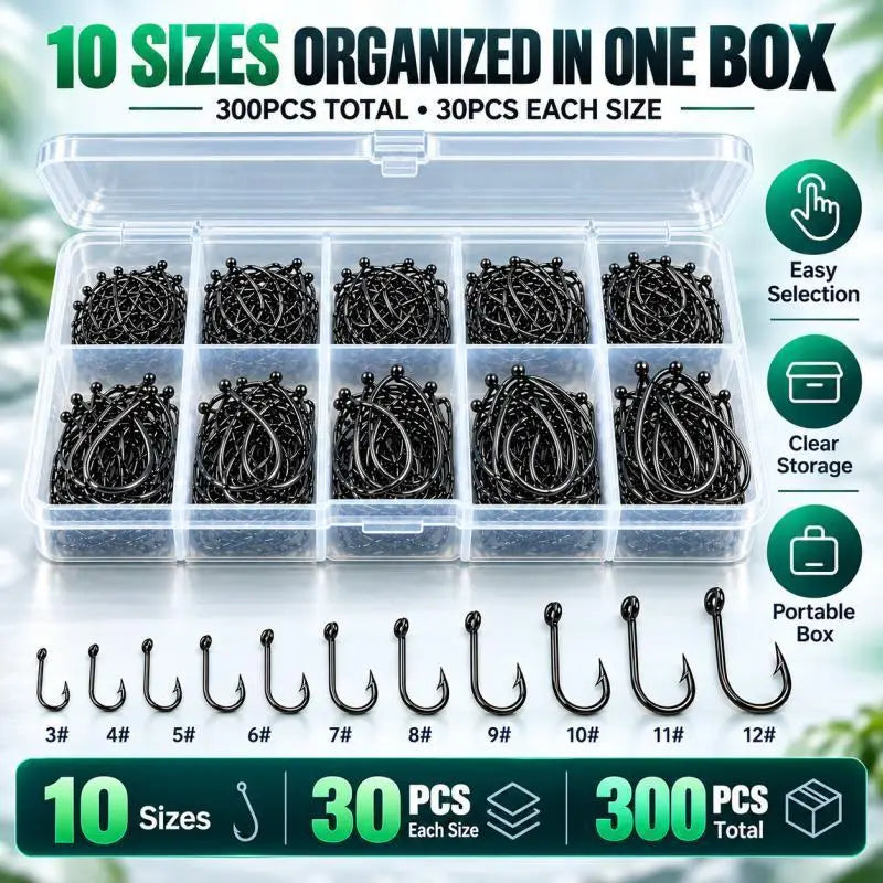 300-Piece Fishing Hook Set — High Carbon Steel Barbed Hooks with Storage Box