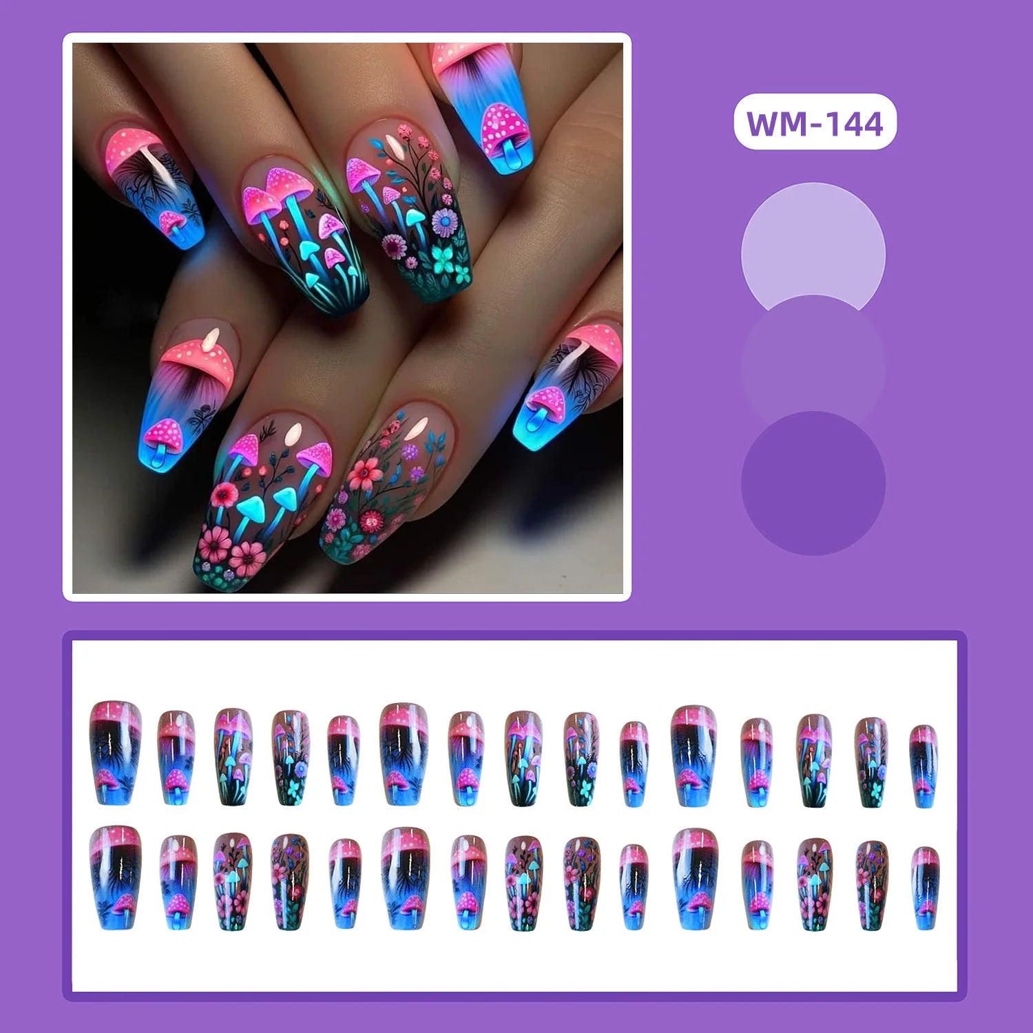 Mushroom Design Press On Nails — Medium Coffin Style False Nails