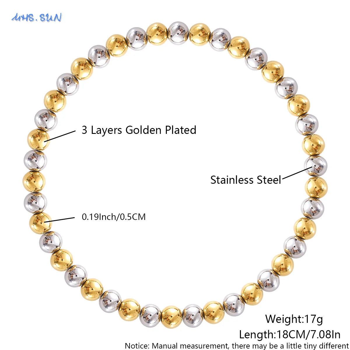 MHS.SUN Stainless Steel Beaded Bracelet — Gold Plated Stackable Jewelry