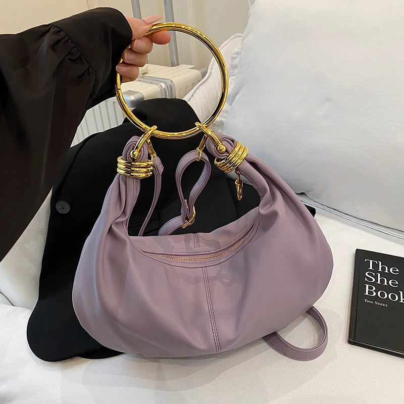 Elegant PU Leather Hobo Bag — Stylish Gold Ring Handle Tote