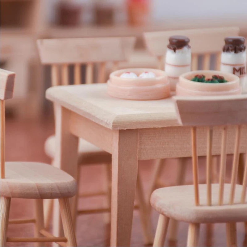 Miniature Dollhouse Dining Set — 1/12 Scale Wooden Table and Chair Decor