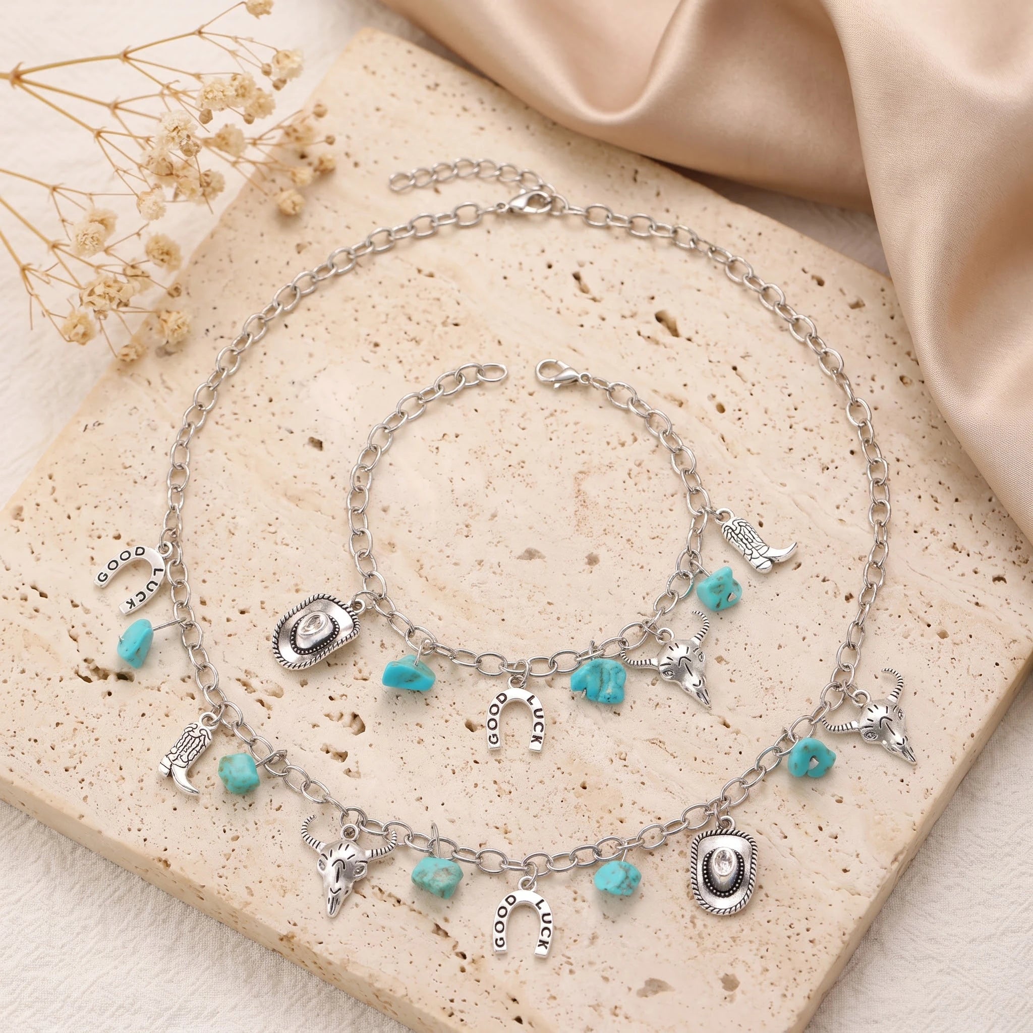 Obega Boho Western Jewelry Set — Turquoise Stone Necklace & Bracelet