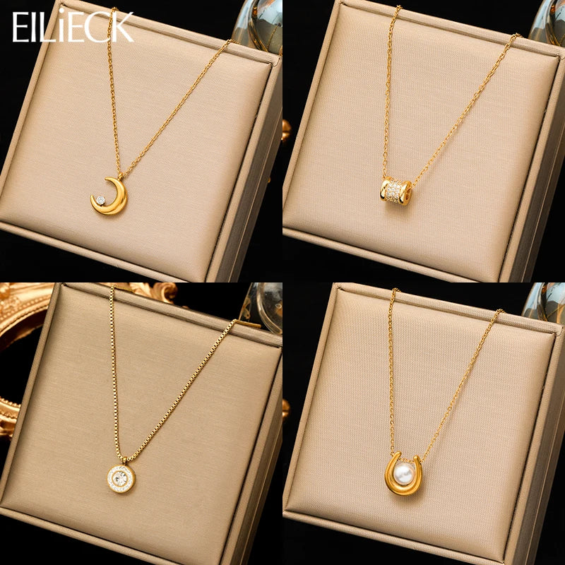 EILIECK Moon Pearl Zircon Puppy Pendant Necklace — Trendy Stainless Steel Jewelry