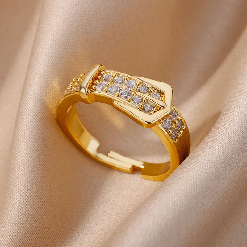 Obega Gold Buckle Ring — Sparkling Zircon Adjustable Fashion Jewelry