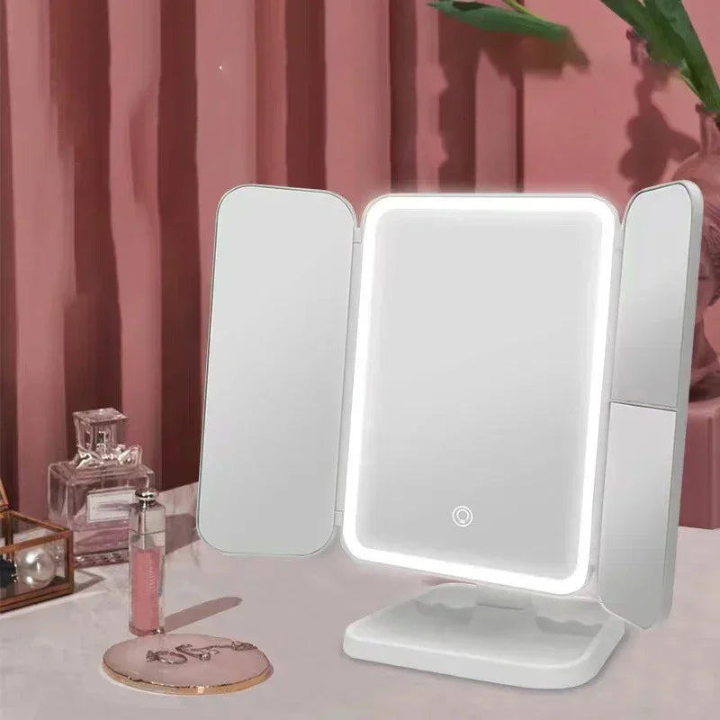Trifold LED Makeup Mirror — Adjustable Magnification & Three Light Modes