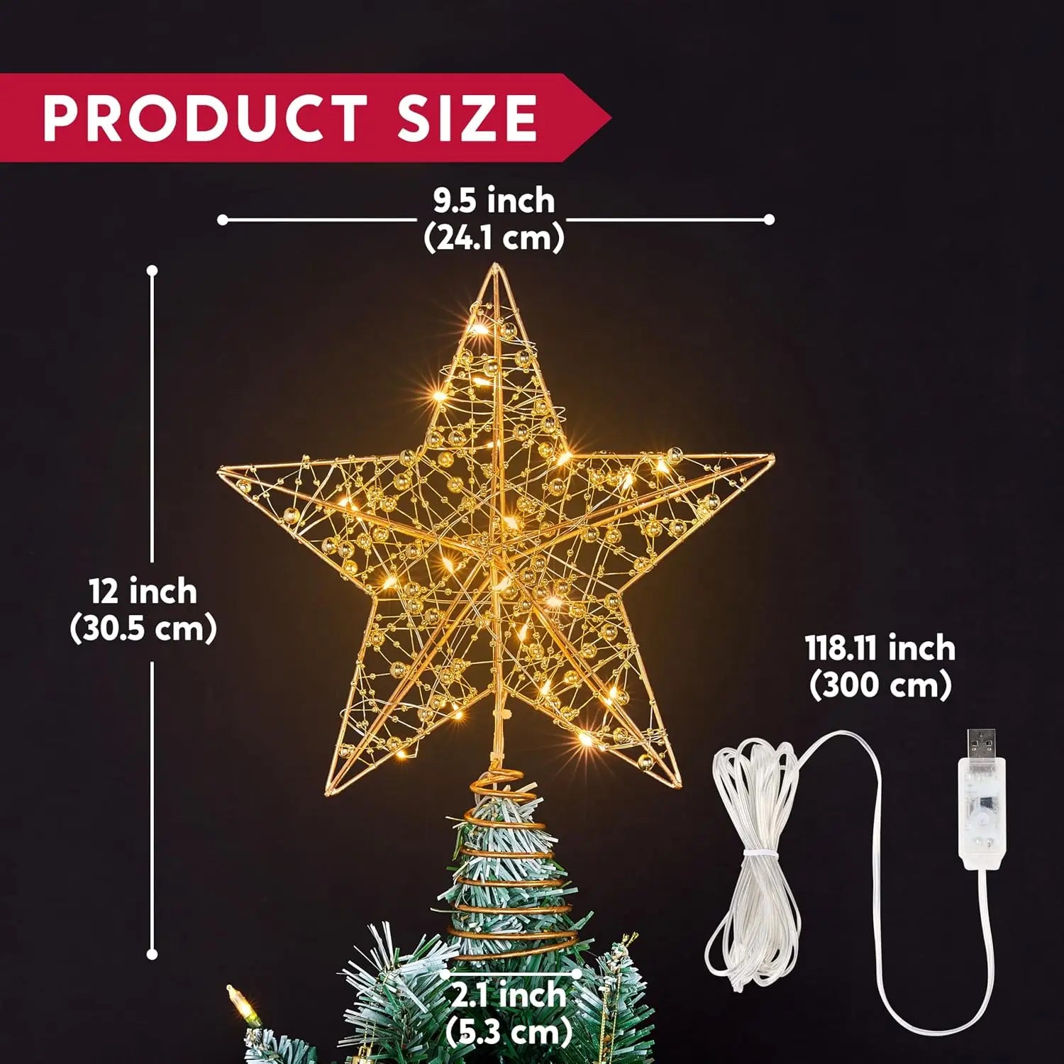 Golden Metal Beaded Star Tree Topper — LED Warm White Lights & Remote Control