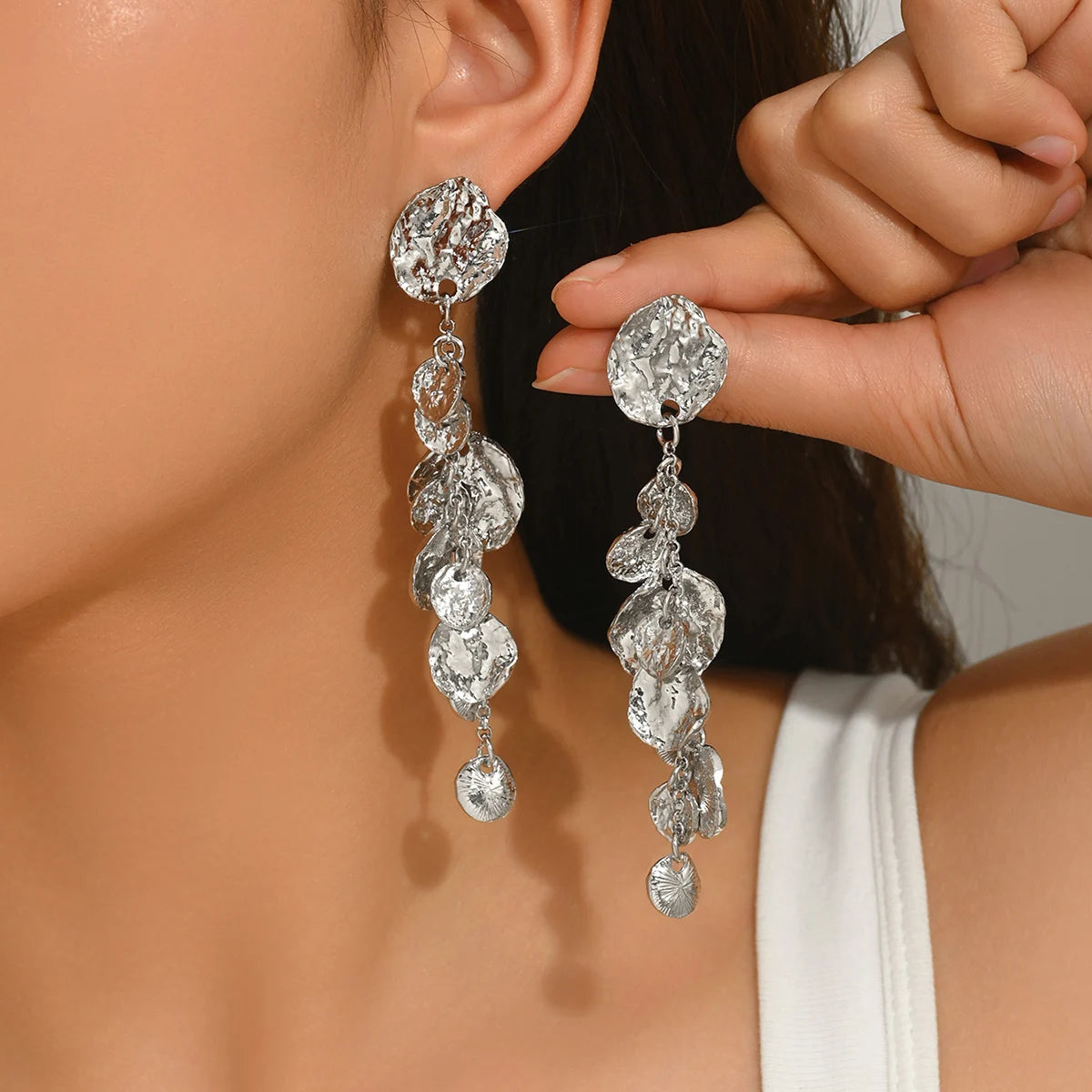 Obega Vintage Textured Disc Earrings — Hammered Coin Tassel Dangle Studs