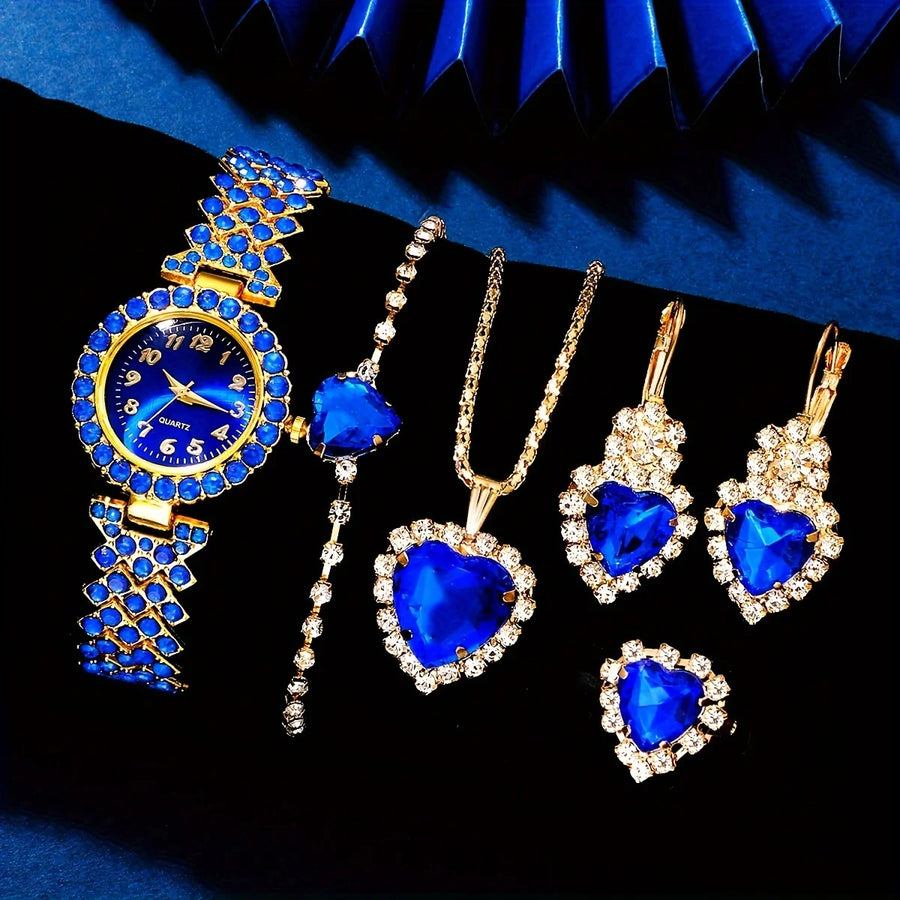 Elegant Women's Jewelry and Watch Set — 6-Piece Rhinestone Quartz Collection