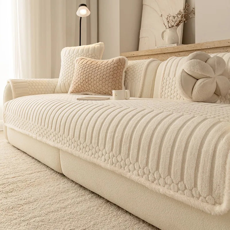 Fluffy Fleece Sofa Cover — Non-Slip Warm Throw for Living Room