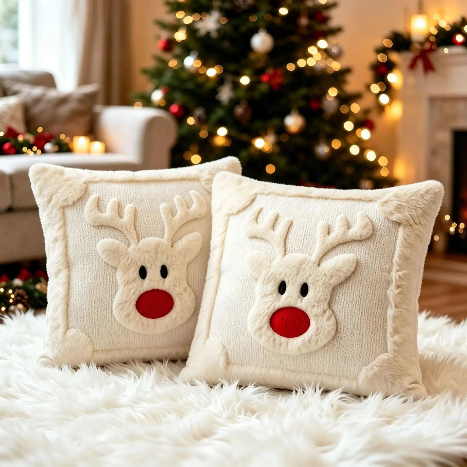 Fluffy Reindeer Cushion Cover — Soft Embroidered Holiday Pillow Slip