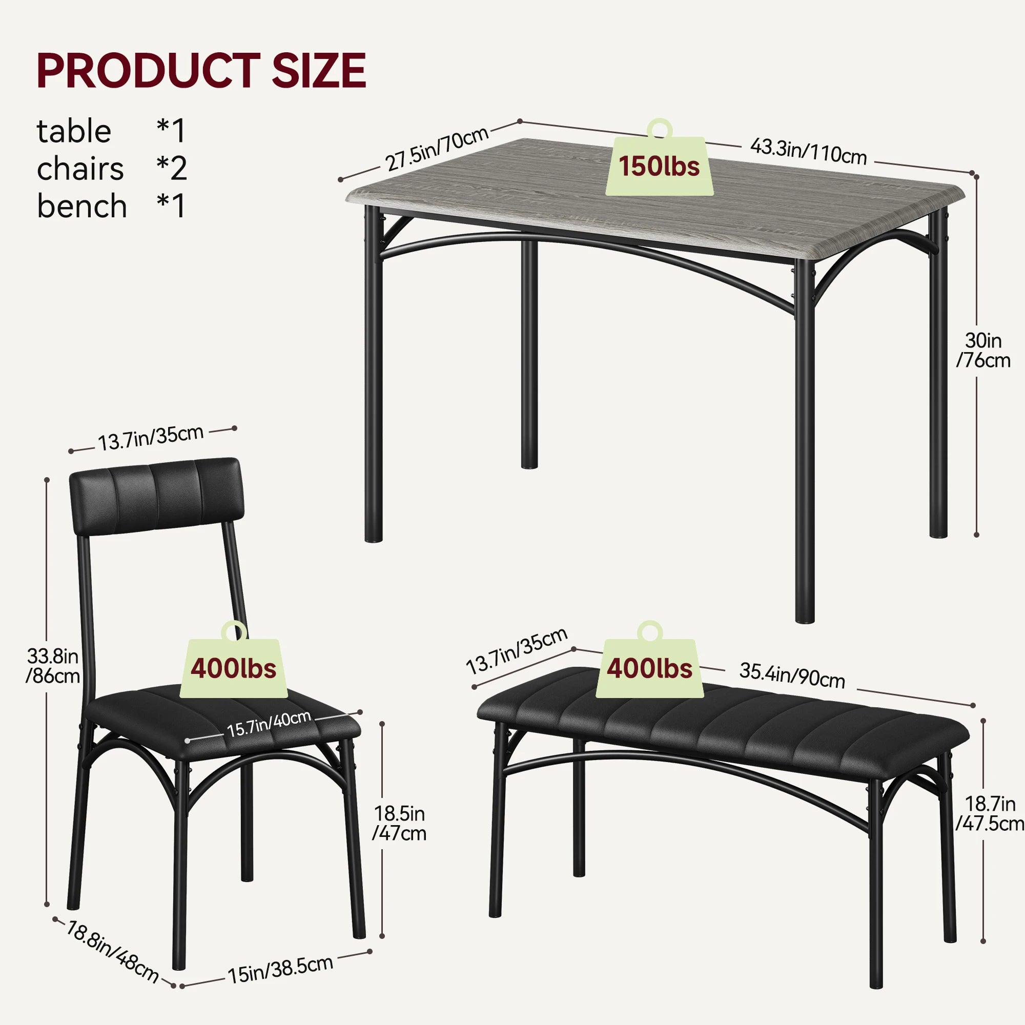 HiMISS Dining Table Set for 4 — Rectangular Kitchen Set with Upholstered Bench