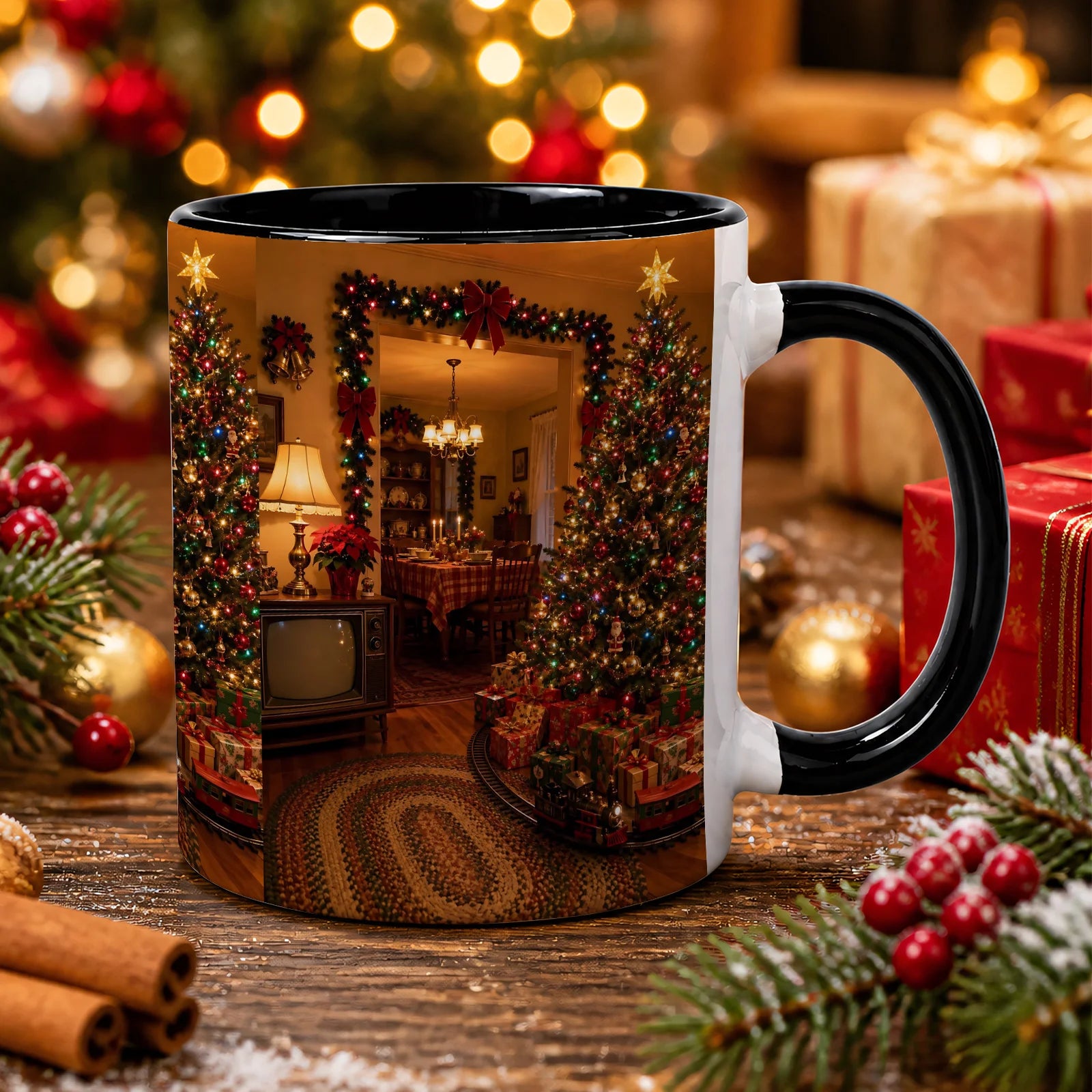 1pc Ceramic Christmas Coffee Mug with Cozy Fireplace & Tree Print - Suitable for Home, Office, Birthdays, Housewarmings - Multi-Holiday Gift for Hot/ Drinks, for Tea, Cocoa, for Home or Office Use (11oz)