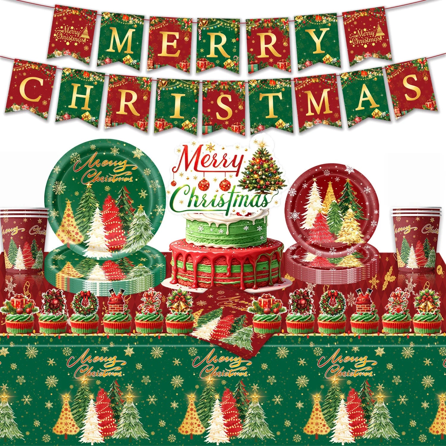 Christmas Tree Themed Tableware Kit — Festive Holiday Party Supplies