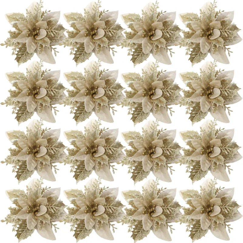 Glitter Artificial Poinsettia Flowers — Festive Holiday Tree Ornaments